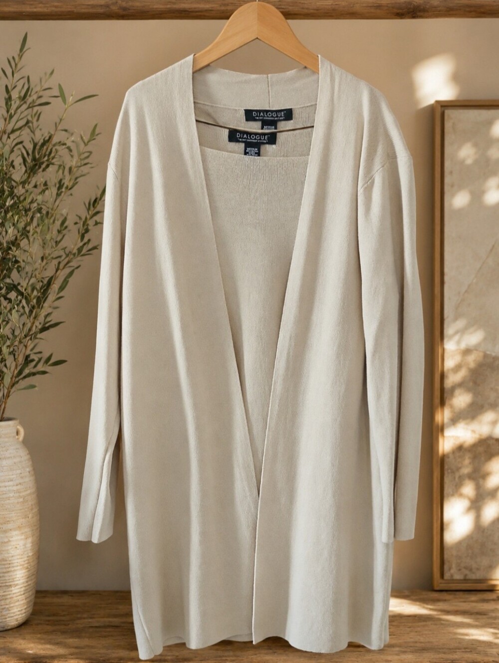 Vintage Size M Long Cardigan With Short Sleeve Square Neck Shell By Dialogue